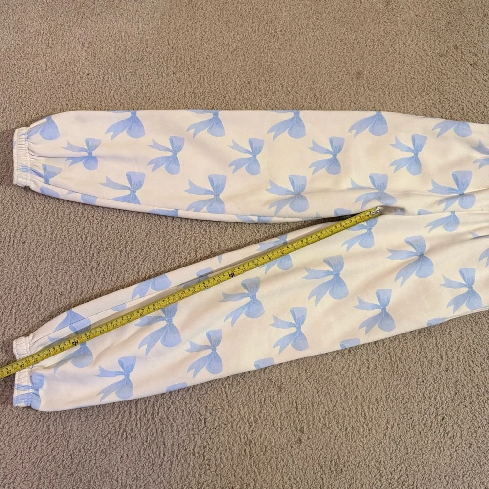 HappyCamp3r Bow Print Joggers Coquette Sweatpants Cream Blue Size Small - Picture 5 of 7